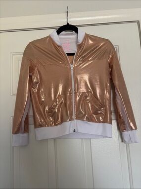 Lucky in Love Metallic Rose Gold Kids Bomber Jacket with White Trim
